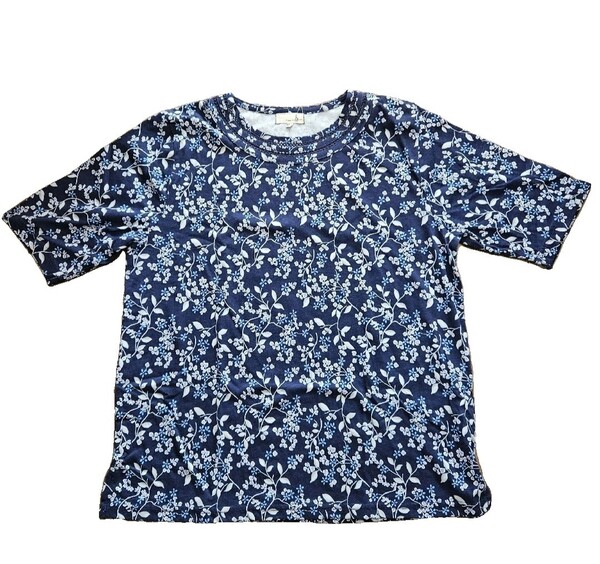 ネイビー 花柄 半袖Tシャツ M~L綿100%