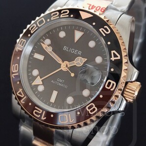 【大御所ブランドだから成せる風格漂うGMT搭載ローズゴールドコンビモデル/新品】BLIGER セラミックベゼル サファイア 316L 自動巻き