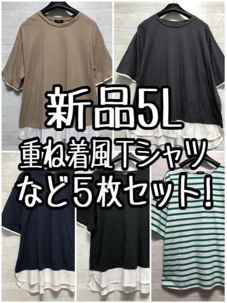 新品☆5L♪重ね着風Tシャツ4枚+ボーダーTシャツ!合計5枚まとめて♪D774