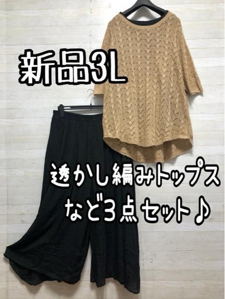 新品☆3L♪透かし編みトップス・タンクトップ・ワイドパンツSETで♪D942