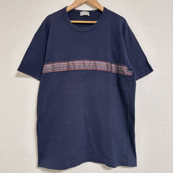 コムデギャルソンオム 田中オム 90s-00s ヴィンテージ マルチボーダー柄サテン切替 ショートスリーブTシャツ 半袖 ネイビー M相当 Y0387