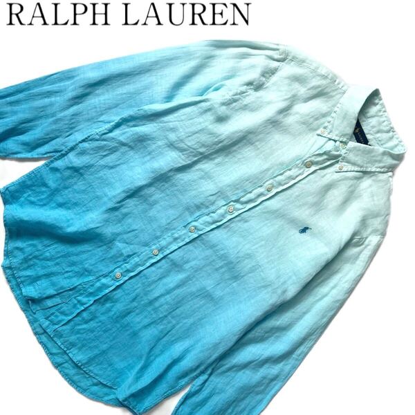 【送料無料】ポロラルフローレン グラデーション メンズ 長袖シャツ リネン ロゴ刺繍 青 M POLO RALPH LAUREN ブルー