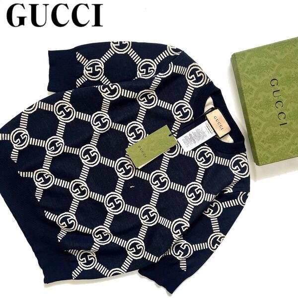 【送料無料】【新品訳あり】現行モデル GUCCI グッチ GGウール ジャカード レディース 半袖 ニット セーター S 箱付き ネイビー