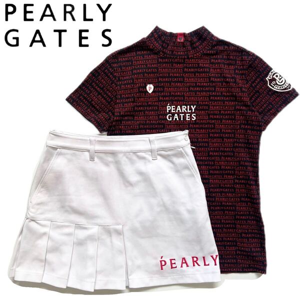 【送料無料】Pearly gates パーリーゲイツ メゾンロゴ セットアップ 総柄 ゴルフ 赤 白 黒 レディース シャツ スカート S 0