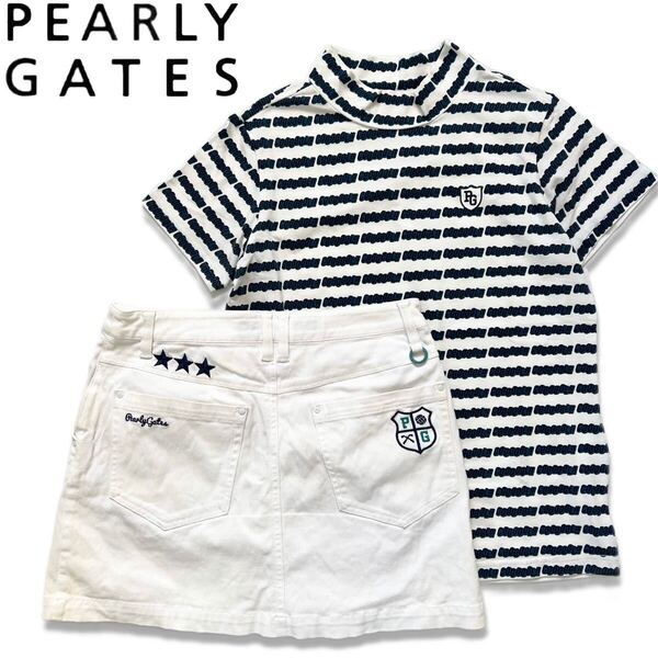 【送料無料】PEARLY GATES パーリーゲイツ セットアップ ボーダー スカート 1 M レディース 半袖シャツ モックネック ゴルフ