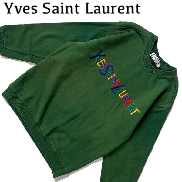 【送料無料】イブサンローラン ロゴ刺繍 スウェット トレーナー グリーン 緑 メンズ L YVES SAINT LAURENT YSL