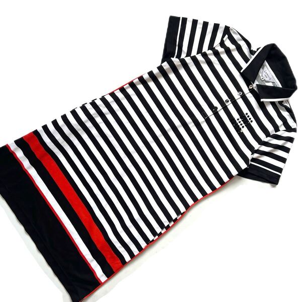【送料無料】LANVIN SPORT ランバンスポール ボーダー ワンピース ゴルフ 38 M レディース 半袖 襟付き ロゴ ストレッチ 速乾