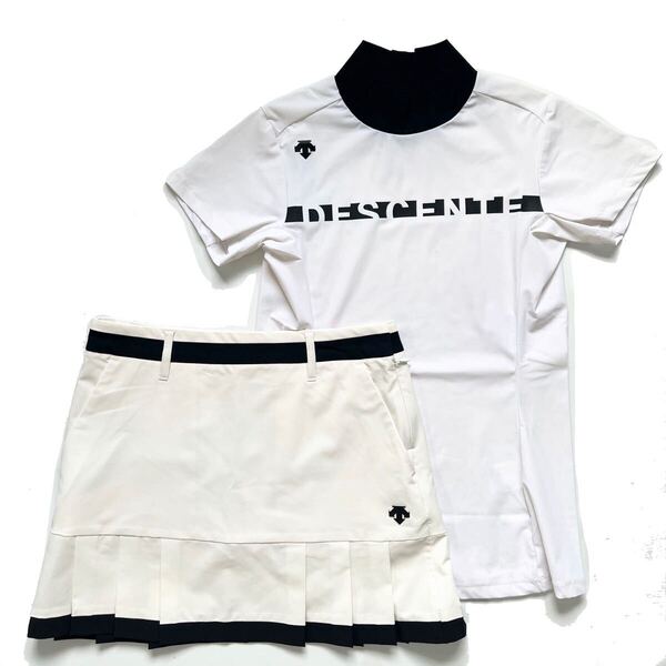 【送料無料】DESCENTE GOLF デサントゴルフ セットアップ 上下 レディース 白黒 M 万美 ハイネック スカート フリル 半袖シャツ