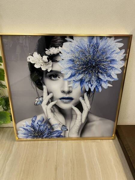 水晶絵 アートパネル クリスタル 立体 絵画 アート ブルー フラワー ゴールド 女性 フラワー 花 おしゃれ 絵 ポスター 額縁