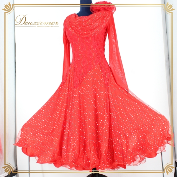『送料無料』【美品 社交ダンス衣装】ワンピース ドレス prima boutique プリマブティック 赤 レッド コサージュ ホログラム キラキラ 派手