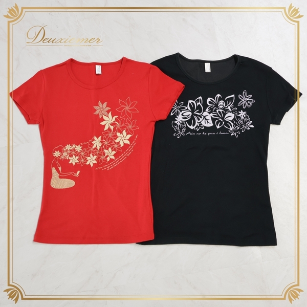 『送料無料』【フラダンス衣装 まとめ売り】2点セット rucca トップス Tシャツ ブラック レッド 黒 赤 花柄 鮮やか 華やか レッスン 可愛い