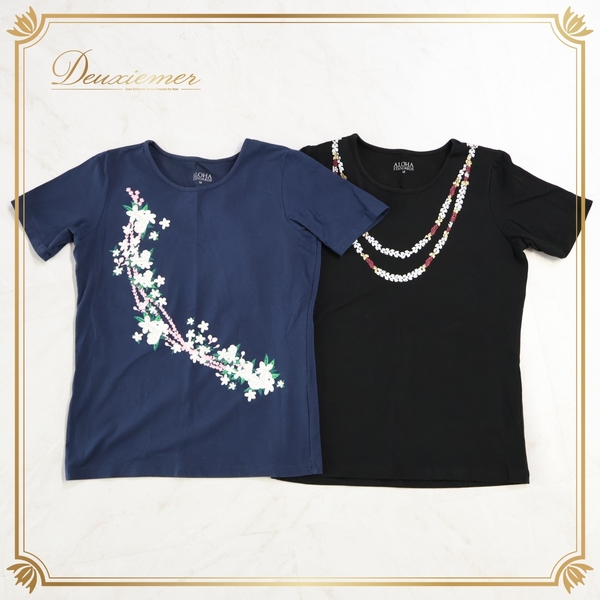 『送料無料』【フラダンス衣装 まとめ売り】2点セット ALOHA STANDARDS アロハスタンダード トップス Tシャツ 黒 紺 ブラック ネイビー 花