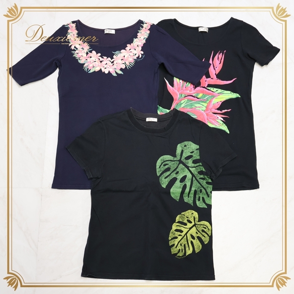『送料無料』【フラダンス衣装 まとめ売り】3点セット Maunaloa マウナロア トップス Tシャツ ブラック ネイビー 黒 紺 花柄 半袖 かわいい
