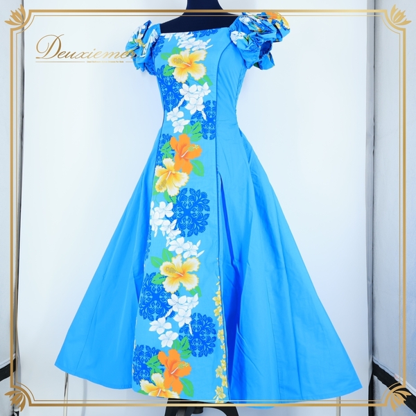『送料無料』【日本製 フラダンス衣装】スカイブルー ALOHA STANDARDS アロハスタンダード ワンピース ドレス 水色 リボン 花柄 黄 白 青