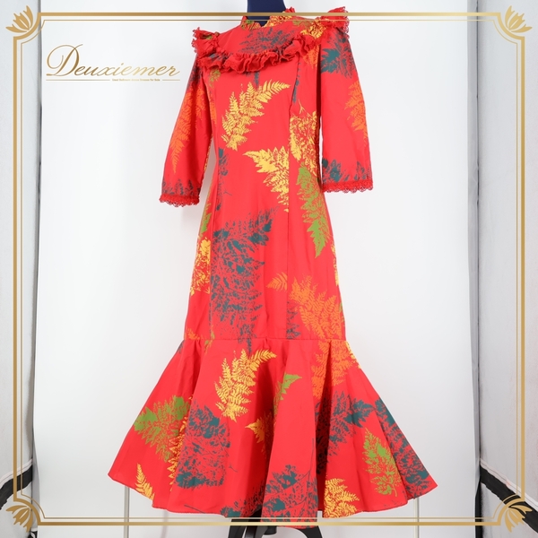 『送料無料』【美品 ハワイ製 フラダンス衣装】レッド T&L MUUMUU FACTORY ワンピース ドレス 赤 緑 黄 オレンジ フリル 七分袖 葉っぱ柄
