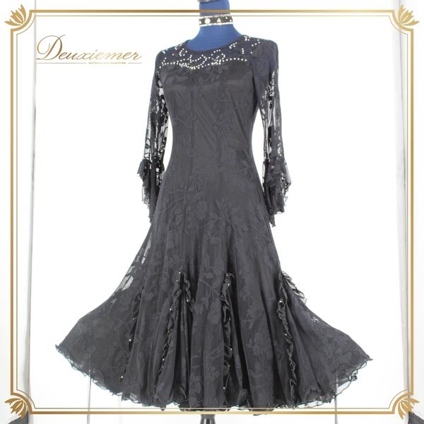 『送料無料』【美品 社交ダンス衣装】ワンピース ドレス DanceFashionPier Mサイズ 黒 ブラック ラインストーン チョーカー レース 可愛い
