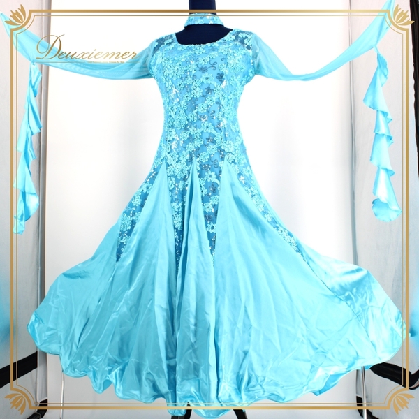『送料無料』【美品 社交ダンス衣装】ワンピース ドレス prima boutique プリマブティック 水色 ライトブルー スパンコール チョーカー