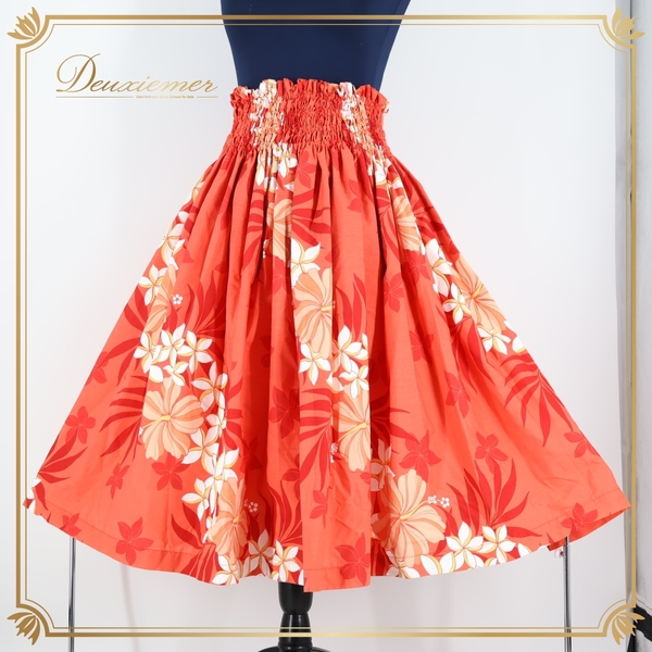 『送料無料』【美品 日本製 フラダンス衣装】レッド Aloha Emika アロハエミカ パウスカート 赤 白 黄 ハイビスカス柄 プルメリア柄 花柄