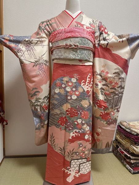 豪華振袖 袋帯 帯締め 帯揚げ 重ね衿 5点セット 刺繍 古典文 たたき染め 金彩 正絹 逸品