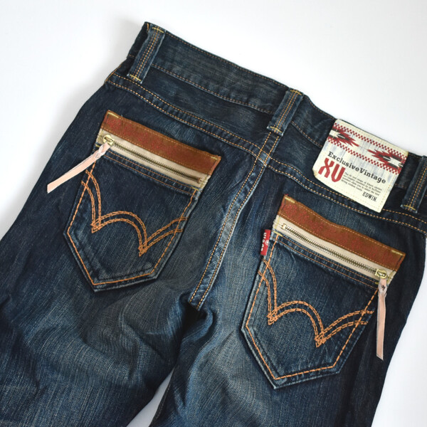 00s エドウィン EDWIN XV ヴィンテージ加工 レザー×デニム パンツ 30 日本製 ジーンズ インディゴ EXCLUSIVE VINTAGE Y2K