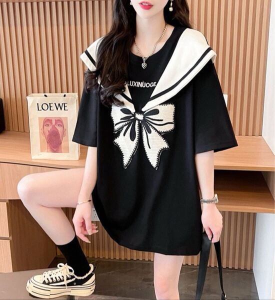 半袖 トップス tシャツ ゆったり刺繍英字 リボン柄 ブラック 大きいサイズ