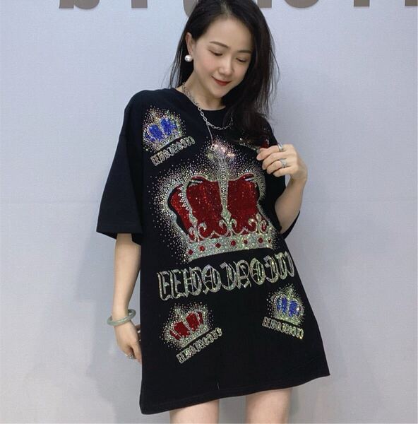 半袖Tシャツ キラキララインストーン付き 王冠 ロングtシャツ ブラック 大きいサイズ