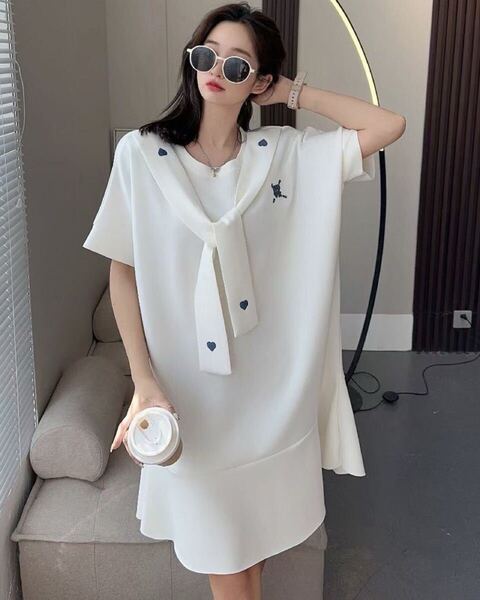 体型カバー カットソー トップス 半袖 tシャツ フリル付き ホワイト 大きいサイズ