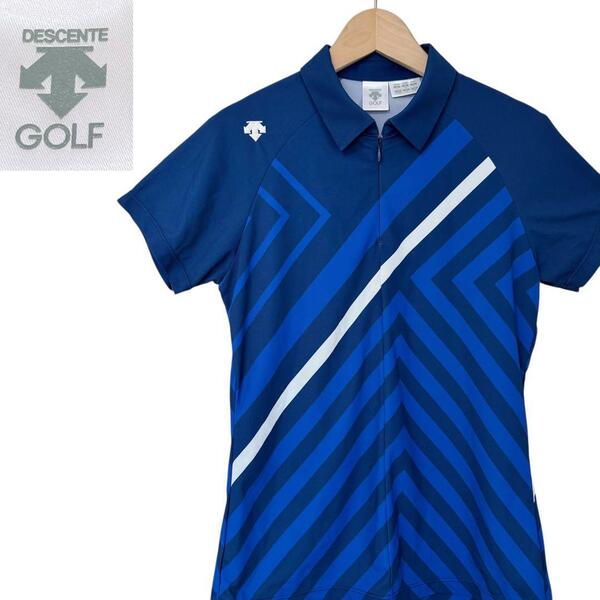即決★サイズ L★DESCENTE GOLF★ ハーフジップ 半袖ポロシャツ 総柄 デサントゴルフ 青 ブルー系 レディース T3012 古着公園