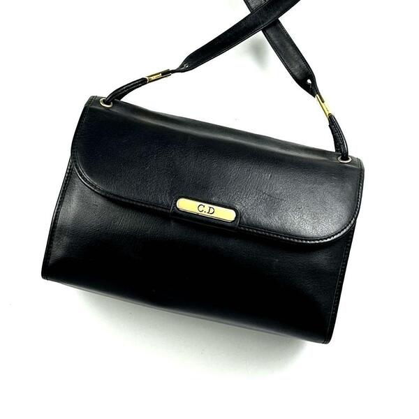 希少■Christian Dior クリスチャンディオール ディオール ショルダーバッグ クロスボディ 肩掛け 斜め掛け 2WAY レザー ゴールド金具 黒
