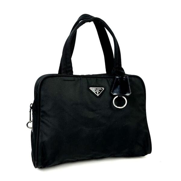 美品■PRADA プラダ ハンドバッグ トートバッグ テスートナイロン 三角ロゴ トライアングル 裏地総柄 ブラック メンズ レディース 男女兼用