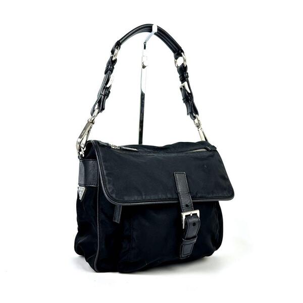 希少■PRADA プラダ ショルダーバッグ 肩掛け テスートナイロン レザー 三角ロゴ トライアングル ブラック メンズ レディース ユニセックス