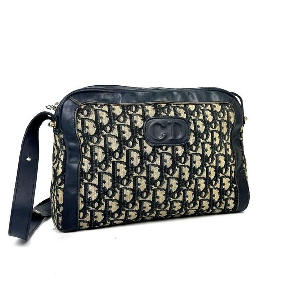 希少■Christian Dior クリスチャンディオール ディオール ショルダーバッグ 肩掛け トロッター 2WAY レザー キャンバス 紺系 ユニセックス