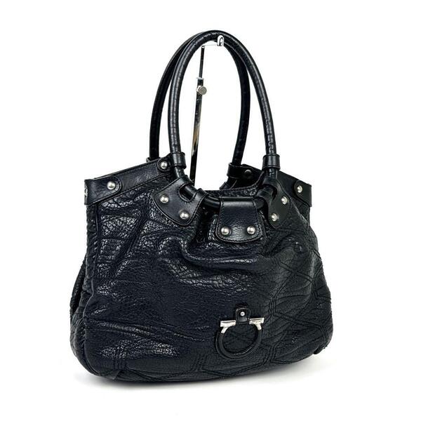 美品■Salvatore Ferragamo サルヴァトーレ サルバトーレ フェラガモ ハンドバッグ トートバッグ ガンチーニ レザー シルバー金具 ブラック