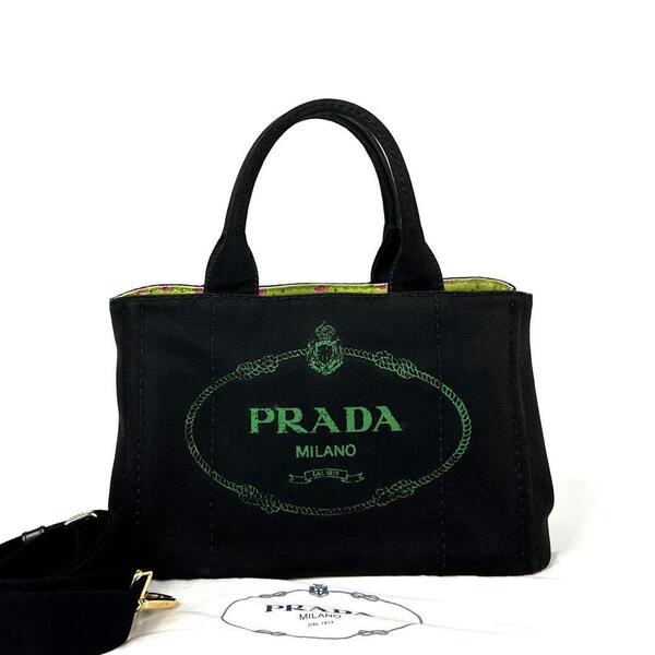 極美品■PRADA プラダ カナパ ハンドバッグ 2WAY ショルダーバッグ クロスボディ 肩掛け 斜め掛け 三角ロゴ ゴールド金具 デニム ブラック