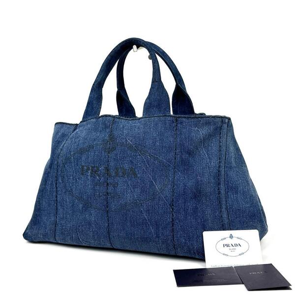極美品■PRADA プラダ カナパ ハンドバッグ トートバッグ 三角ロゴ トライアングル ゴールド金具 デニム 青 メンズ レディース 男女兼用