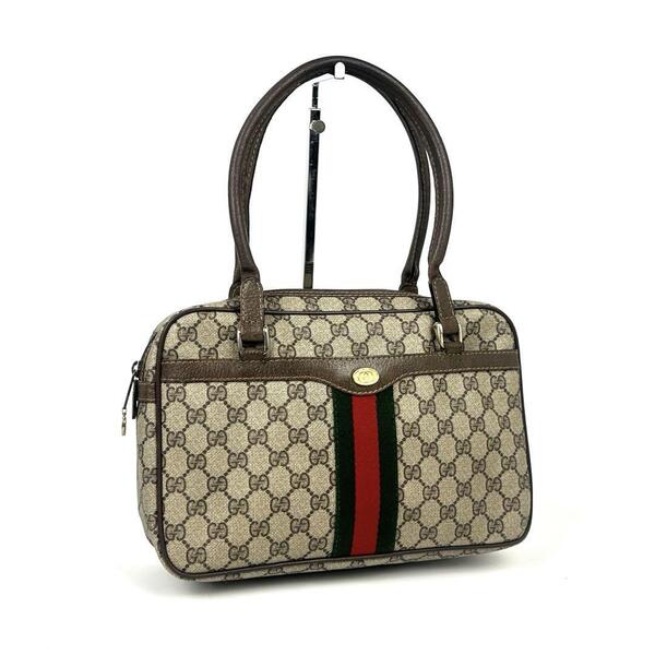 希少■GUCCI グッチ ハンドバッグ トートバッグ GGスプリーム シェリーライン PVC 革 ブラウン メンズ レディース ユニセックス 男女兼用