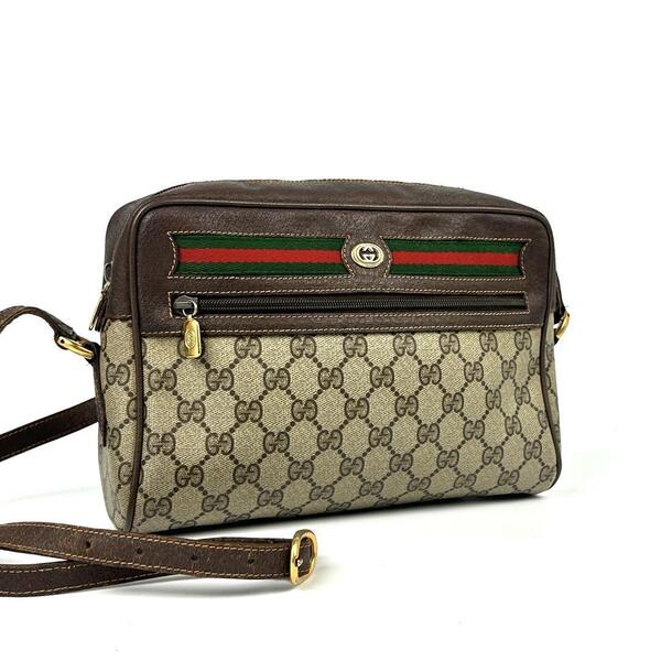 美品■GUCCI グッチ ショルダーバッグ クロスボディ 肩掛け 斜め掛け シェリーライン PVC レザー ブラウン メンズ レディース ユニセックス