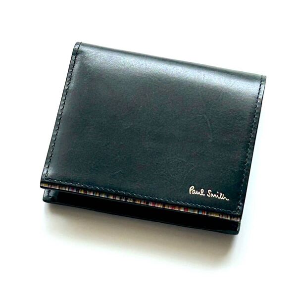 ポールスミス Paul Smith 財布 シグネチャーストライプティッピング 小銭入れ付き二つ折りミニ財布 ブラック 未使用