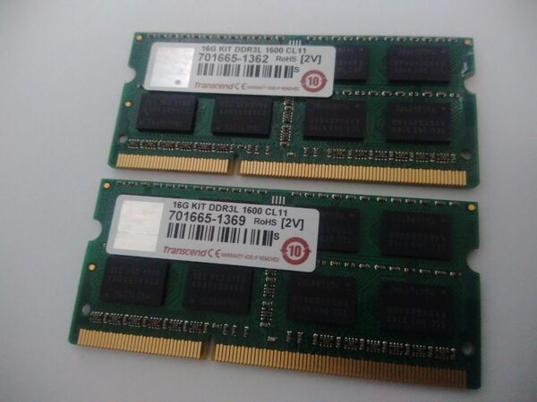 Transcend 【低電圧】 合計16GB(8GB×2枚) PC3L-12800S 16Gネタにも使える! コレクター向け 1362-1369 送料無料