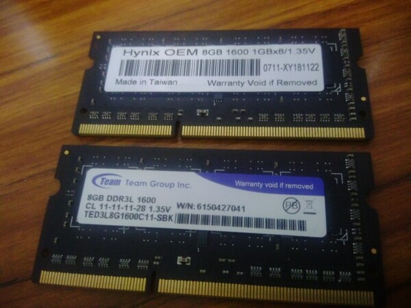台湾 Teamほか 【片4型 低電圧】 合計16GB(8GB×2枚) PC3L-12800S Team + Hynix OEM