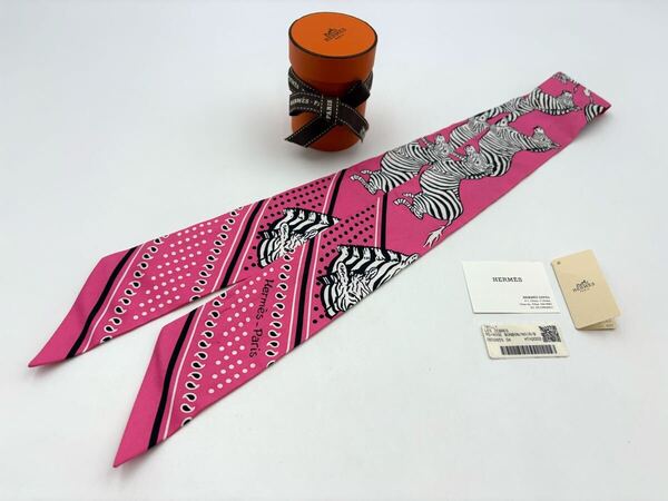 HERMES エルメス ツイリー LES ZEBRES BANDANA ゼブラ バンダナ リボン スカーフ ピンク ブラック 黒 ホワイト シルク バック小物 箱付