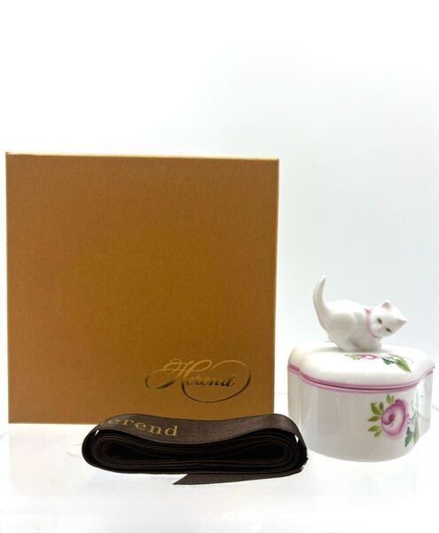 未使用保管品 HEREND ヘレンド ウィーンの薔薇 猫 ハート型 ピンク ミニ 小物入れ ボンボニエール 箱付
