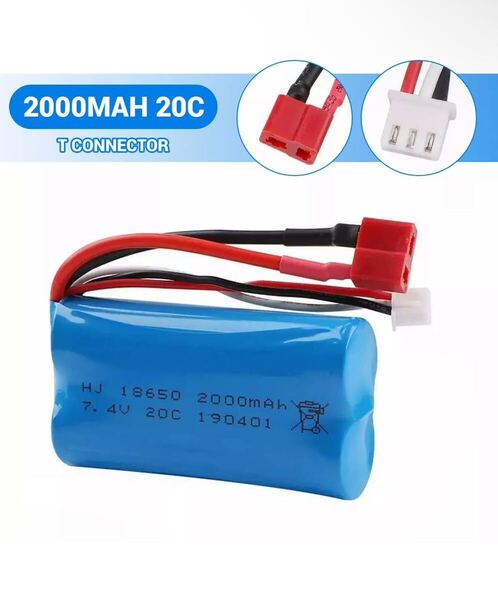 2本セット 7.4V 2000mAh 2s リチウムイオン バッテリー Tプラグ コネクター カー用 ZP1007 WLtoys DEERC クローラー 飛行機 ラジコン RC