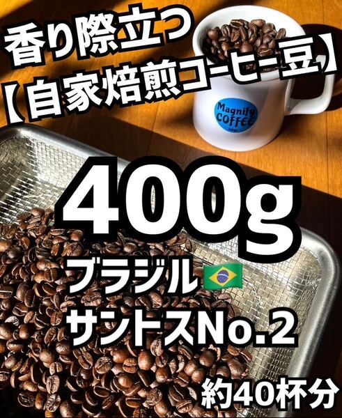 【匿名配送】自家焙煎コーヒー豆【大容量】ブラジルサントス 珈琲豆 400g 約40杯分 (豆or粉)