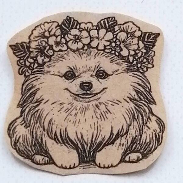995 ポメラニアン あじさい 花冠 はんこ ハンコ ヴィンテージ アンティーク スタンプ イラスト ゴム印 レトロ アジサイ 紫陽花 梅雨 犬 花