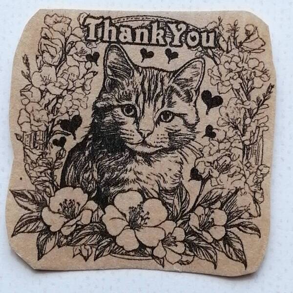 890 ねこ thankyou さくら フラワーリース はんこ ハンコ ヴィンテージ アンティーク スタンプ ゴム印 ラバースタンプ イラスト 桜 ネコ 猫