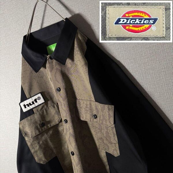ハフ ディッキーズ HUF Dickies コラボ シャツジャケット ワークシャツ 刺繍 ワッペン パイソン柄 生地硬め 希少XL ブラック