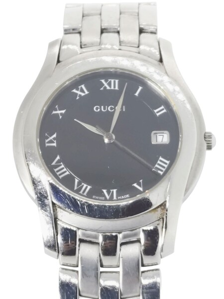 【電池交換済】GUCCI グッチ 5500M メンズ腕時計 黒文字盤 クォーツ デイト ローマン ラウンド 中古動作品 箱あり 腕周り19.5cm