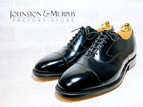 【未使用】Johnston & Murphy ジョンストン&マーフィー 高級 ストレートチップ レザーソール 革底 本革 黒 US8(約26cm)