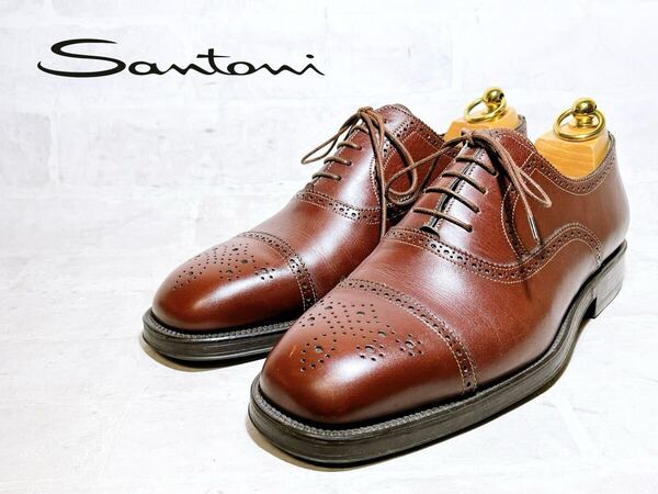 イタリア製【極美品】Santoni サントーニ 高級 セミブローグ ビジネスシューズ 本革 レザー 茶 UK7(約25.5cm)メンズ 紳士靴